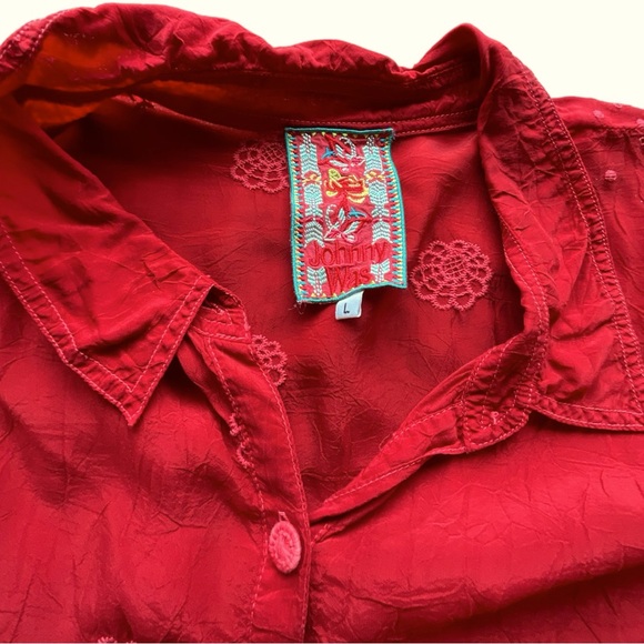 Johnny Was Red Embroidered Longsleeved Collared Top Blouse - Picture 9 of 12